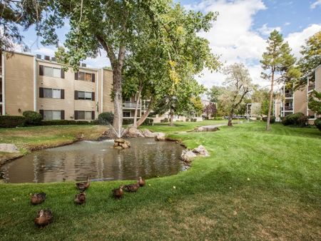 View of Lake, Showing Ducks, Fountain, Grass, and Apartment Buildings in Background at Fox Point in Old Farm Apartments