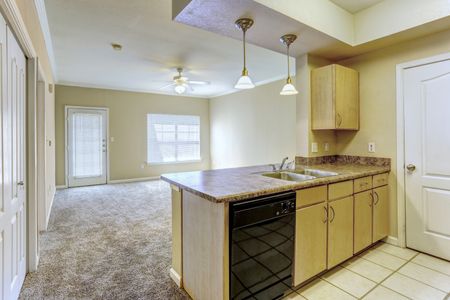 View of Kitchen, Showing Open Living Room, Ceiling Fan, Carpet and Door Leading to Balcony at Cason Estates Apartments