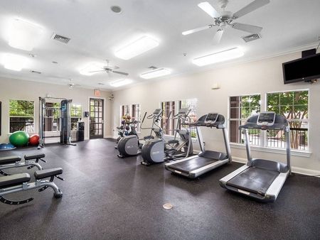 View of Fitness Center, Showing Cardio Equipment, Weighted Medicine Balls, Flat Screen TV, and Mirrors at Cason Estates Apartments