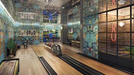 Modera San Diego bowling alley with two lanes rendering