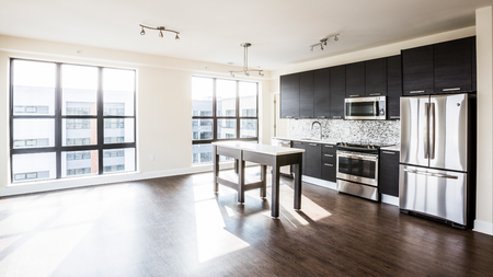 Open concept kitchen with stainless steel appliances in an apartment at Modera Mosaic.