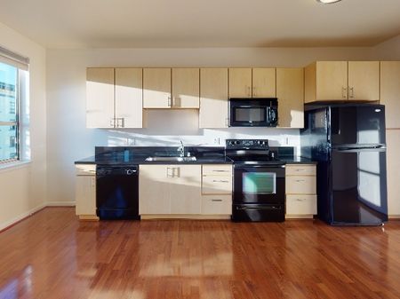 Open concept kitchen with black appliances and oak cabinetry