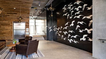 Customer lounge with feature wall of flying birds