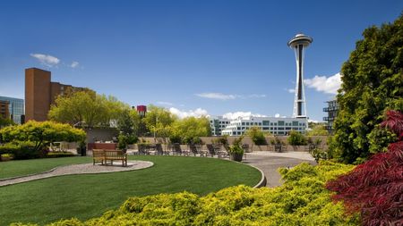 View of Space Needle in Seattle from elevated garden