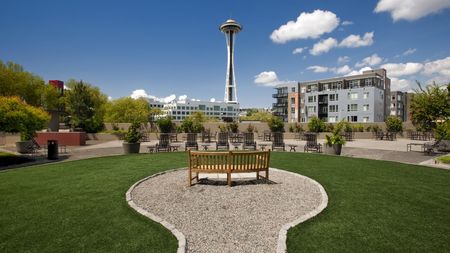 View of Seattle's Space Needle from rooftop garden