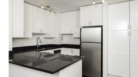 Black granite counters, stainless appliances in modern kitchen