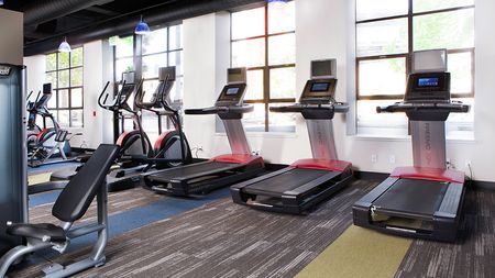 Treadmills in our Fitness Studio featuring floor to ceiling windows