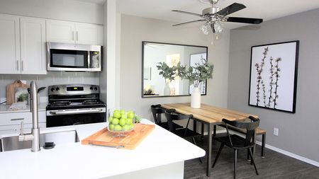 Modern Kitchen featuring Stainless Steel Appliances and Large Farmhouse Sink at Alister Town Center Columbia apartments.