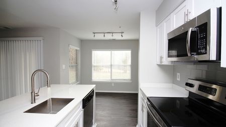 Luxurious Kitchen with Upgraded Stainless Appliances in an Alister Town Center apartment.