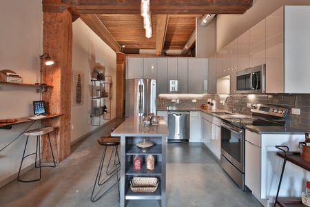 European Cabinetry, Islands and Stainless Steel Appliances in Modera Loft Kitchens