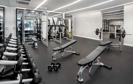 Free weights available for strength training at Modera San Diego Apartments
