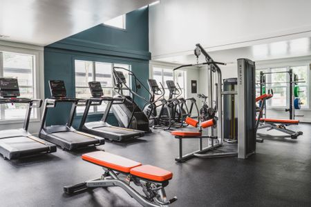 gym equipment in fitness center at alister lake lynn apartment homes for rent in raleigh north carolina