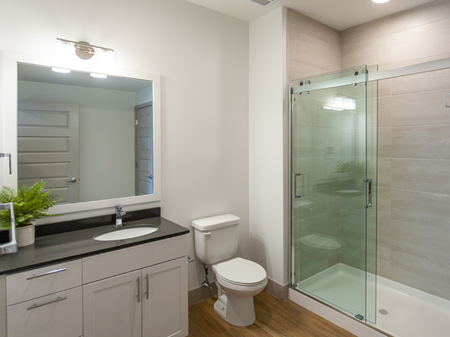 B7 Bathroom with large mirror-vanity | 2501 Beacon Hill | Kansas City, MO Apartments