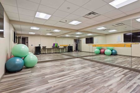 Fitness center at our apartments in Ann Arbor, featuring wood grain floor paneling, mirrored walls, and exercise balls.