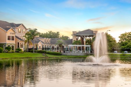 The grounds at our student apartments in Orlando, FL, featuring a pond with a fountain and a view of the apartment exteriors.