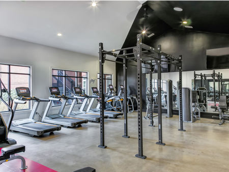 The fitness center at our apartments in Tuscaloosa, featuring weights, treadmills, pull up bars, and exercise equipment.