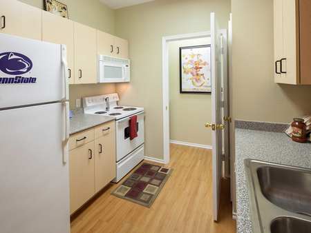 Model kitchen at our apartments near Penn State, featuring wood grain floor paneling and granite patterned countertops.