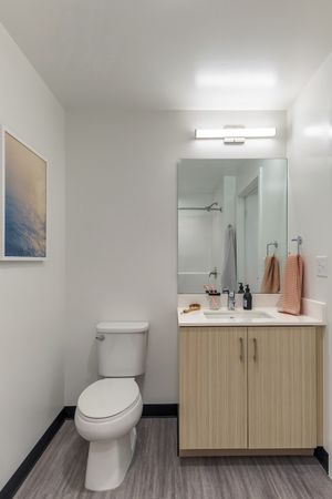 Model apartment bathroom with light wood cabinets, mirror, and a white toilet