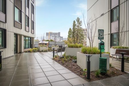 Community courtyard with greenery and benches