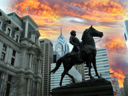 downtown Philadelphia and statue of man on a horse