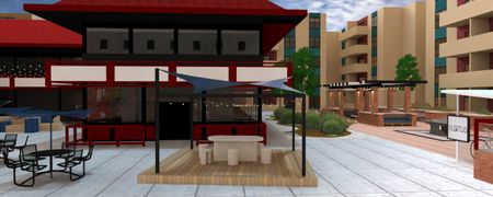Rendering of one of the new seating areas in the courtyard with string lights