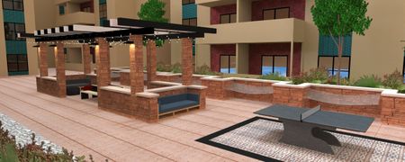 Rendering of the new courtyard plans with seating areas and an outdoor ping pong table