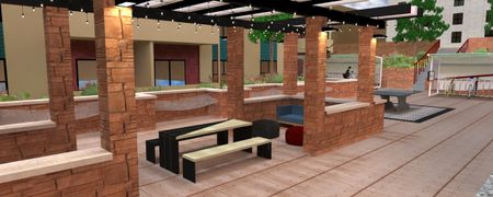 Rendering of new picnic table style seating areas in the courtyard