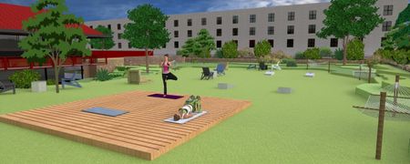 Rendering of the new green space with hammocks, outdoor bag game, and a deck for outdoor workouts