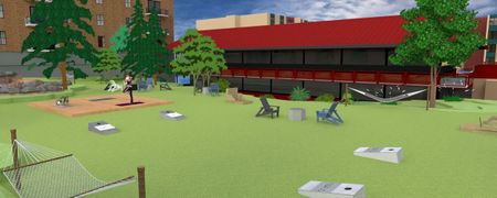 Rendering of the new green space with hammocks, outdoor bag game, and a deck for outdoor workouts