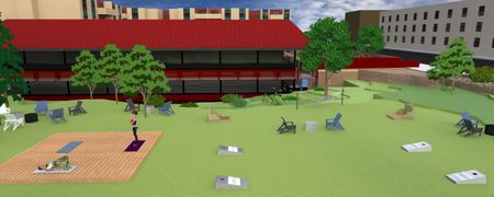 Rendering of the new green space with hammocks, outdoor bag game, and a deck for outdoor workouts