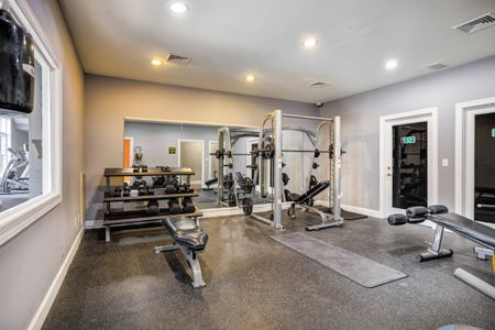 The fitness center at our apartments in Nashville, featuring free weights, padded floors, and windows.