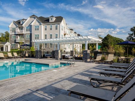 Swimming Pool Pergola outside apartments for rent in Ossining NY.