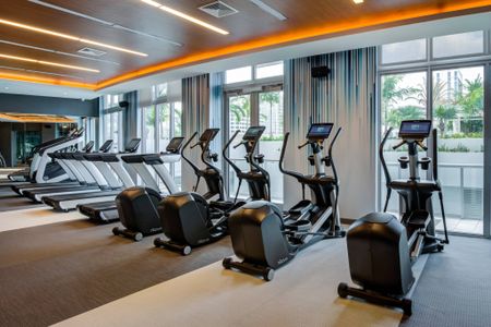 The gym at our apartments in Fort Lauderdale, featuring elliptical bikes, treadmills, and a view of the apartment complex.