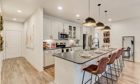 Grapevine apartment kitchen with granite countertop island.