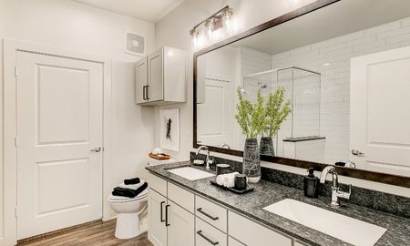 Luxury Grapevine apartment bathroom with two sinks and granite countertops.