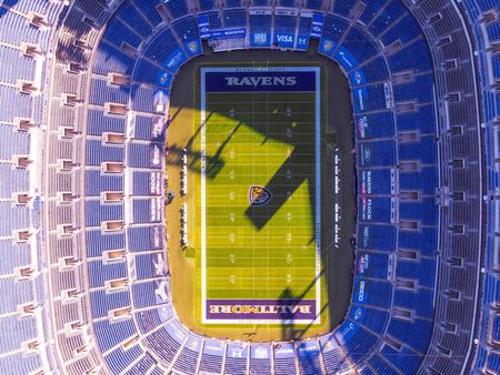 Aerial view of the Baltimore Ravens stadium near our apartments for rent in Owings Mills, MD, as seen from above.