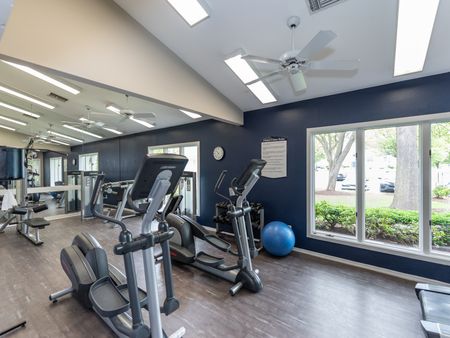 Fitness center at our apartments for rent in Leesburg, VA, featuring wood grain floor paneling and free weights.weights.