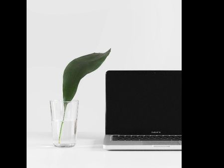 Laptop sitting next to a glass of water with a leaf in it, on a white backdrop. The laptop's screen is black.