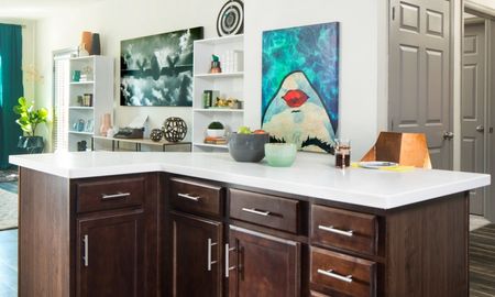 Luxury Denver Colorado apartment kitchen with a kitchen island, dark cabinetry and stainless steel appliances.