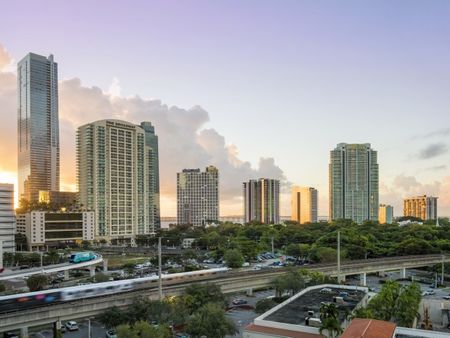 View of downtown Miami apartments at sunset.