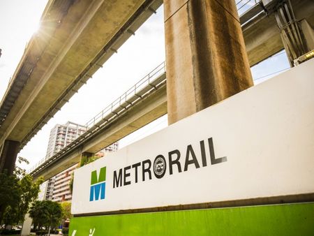 The MetroRail near our Brickell apartments for rent in Miami, featuring a view of the elevated rail lines.