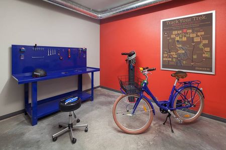 Bicycle work station at our apartments in Kenmore, featuring a tool kit, a bicycle, and colorful painted walls.