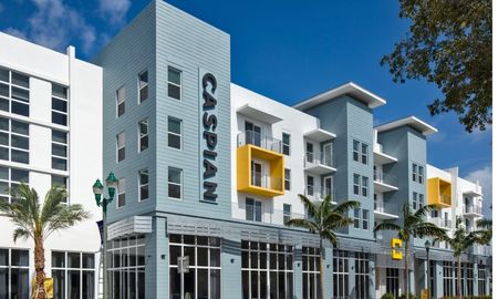 Exterior of Caspian Delray apartments building, with delray apartments for rent.