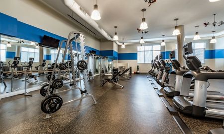 The fitness center at our apartments for rent in Tysons Corner, featuring free weights, exercise machines, and mirrored walls.