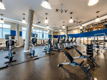The fitness center at our apartments for rent in Tysons Corner, featuring free weights, exercise machines, and mirrored walls.