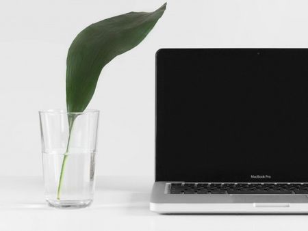 A computer sitting next to a glass of water with a leaf in it. The backdrop is white and the computer screen is black.