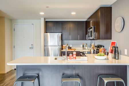 Luxury Cambridge MA apartment kitchen with wooden cabinetry and stainless steel appliances.