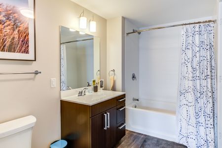 Model bathroom at our apartments in Cambridge, featuring wood grain floor paneling and a shower and bath combo.Model bathroom at our apartments in Cambridge, MA, featuring a large mirror, tiled shower, and elegant decor.