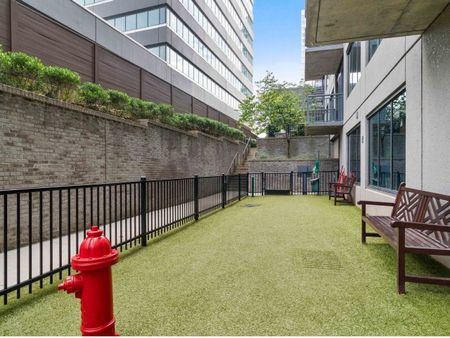 The dog park at our apartments for rent in Atlanta, featuring astroturf, benches, and a fire hydrant.