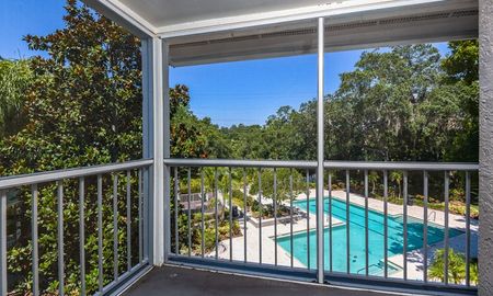 Photograph of a porch at our apartments in Clearwater, FL, featuring a view of the pool area and surrounding woods.